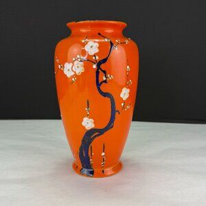 Vintage Painted Porcelain Vase Made in Japan Orange White Blue Flowers